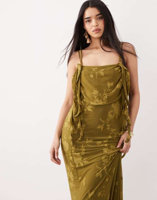 ASOS DESIGN – Oliwkowozielona sukienka maxi z falbanką we wzór devore, 4 z 4