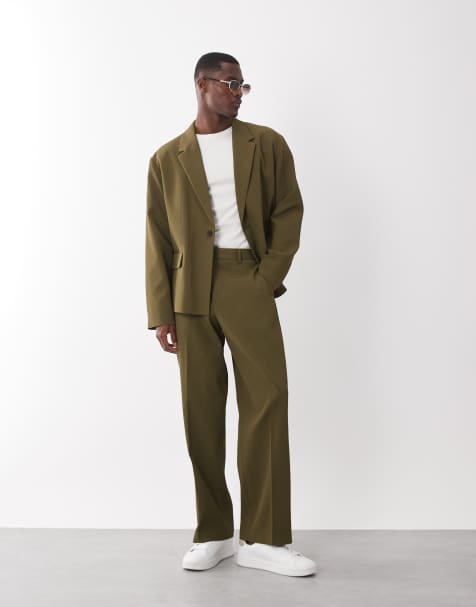 ASOS DESIGN – Oliwkowozielone prążkowane spodnie garniturowe z szerokimi nogawkami z fakturowanego materiału - view 1