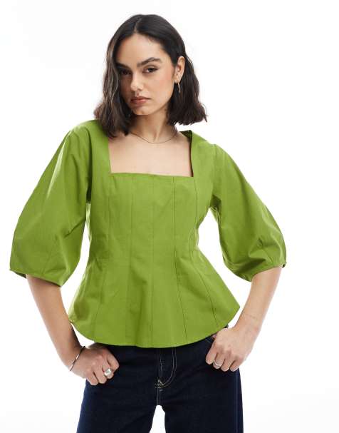 ASOS DESIGN – Oliwkowozielony gorsetowy top z kwadratowym dekoltem i ozdobnymi szwami - view 1