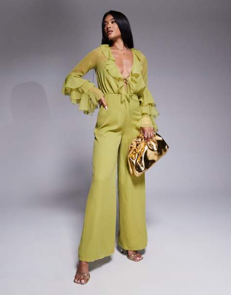 ASOS DESIGN – Oliwkowozielony kombinezon z długimi rękawami, falbankami i wiązaniem - view 1