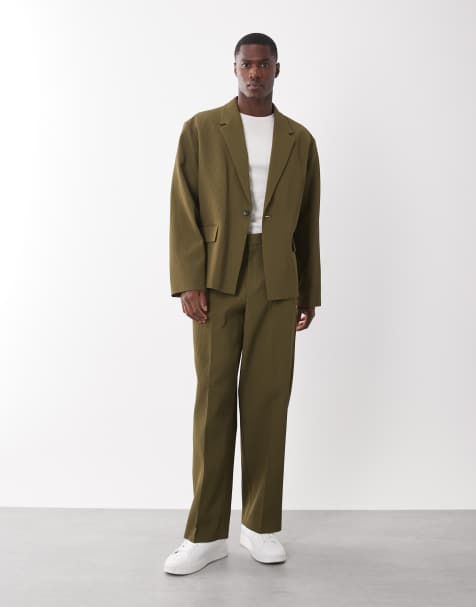 ASOS DESIGN – Oliwkowozielony prążkowany garnitur o pudełkowym kroju z fakturowanego materiału - view 1