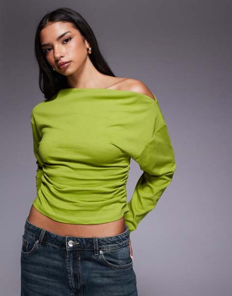 ASOS DESIGN off shoulder cinched waist long sleeve asymmetric top in olive