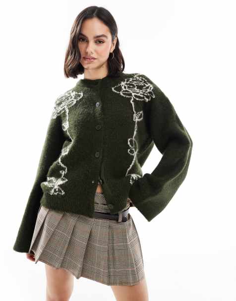 ASOS DESIGN – Oliwkowy dzianinowy kardigan z kontrastowym nadrukiem z kwiatami - view 1
