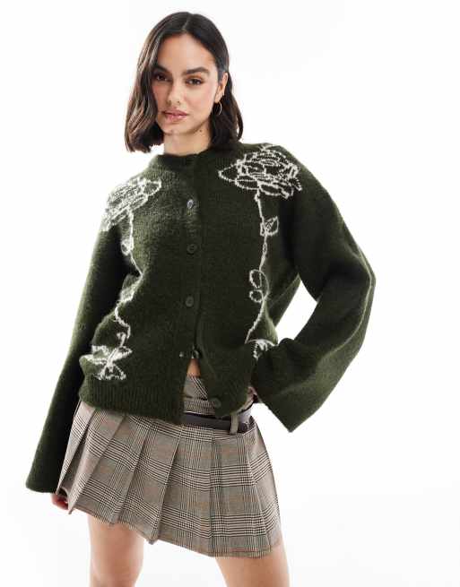 ASOS DESIGN – Oliwkowy dzianinowy kardigan z kontrastowym nadrukiem z kwiatami
