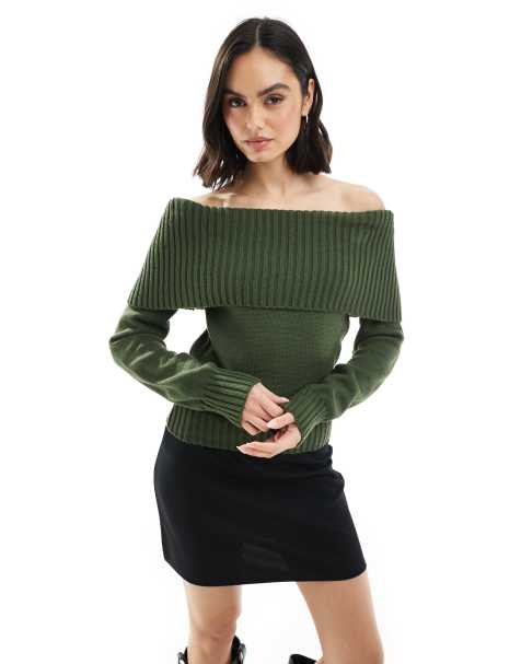 ASOS DESIGN – Oliwkowy dzianinowy sweter z prążkowanym dekoltem bardot - view 1