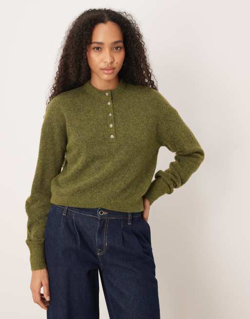 ASOS DESIGN – Oliwkowy dzianinowy top z dekoltem henley z domieszką wełny premium i wełny alpaki