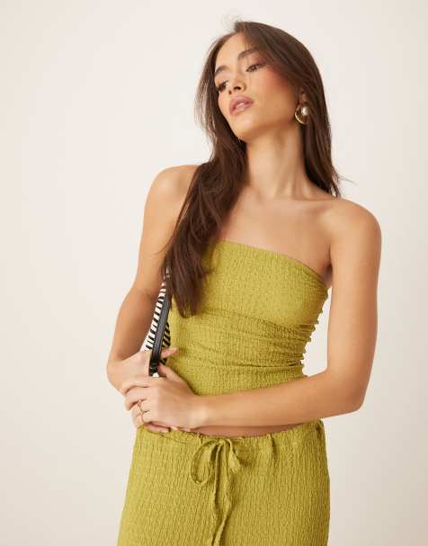 ASOS DESIGN longline textured bandeau co-ord in olive
