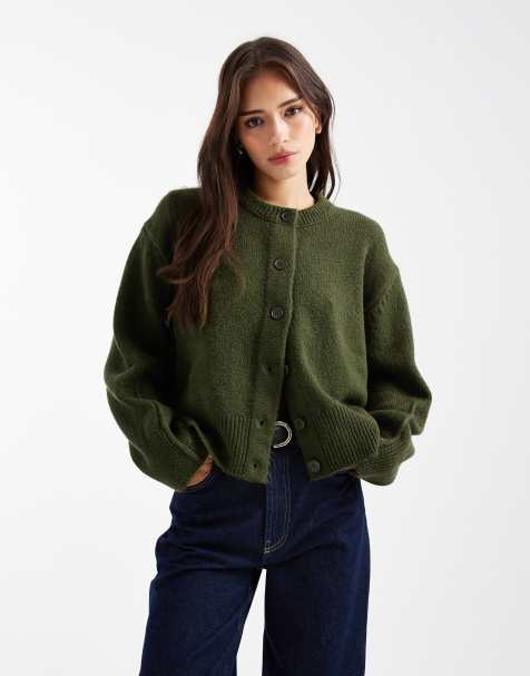 ASOS DESIGN – Oliwkowy kardigan o pudełkowym kroju z okrągłym dekoltem i rozcięciem z boku - view 1