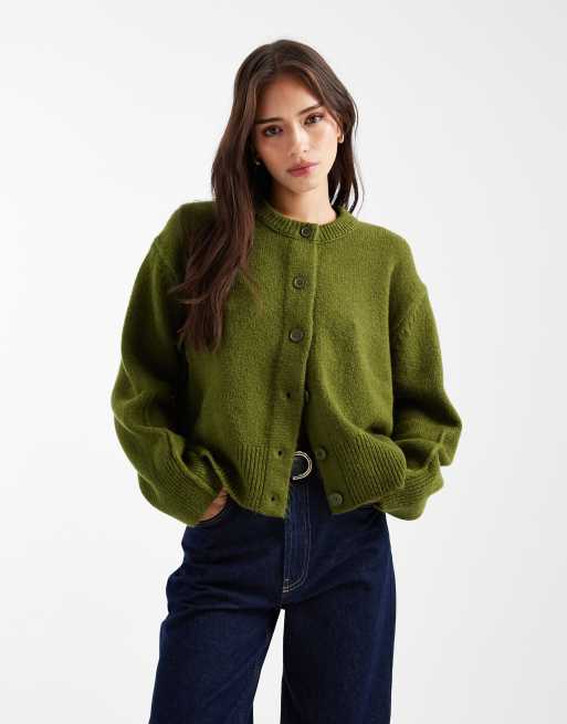 ASOS DESIGN – Oliwkowy kardigan o pudełkowym kroju z okrągłym dekoltem i rozcięciem z boku