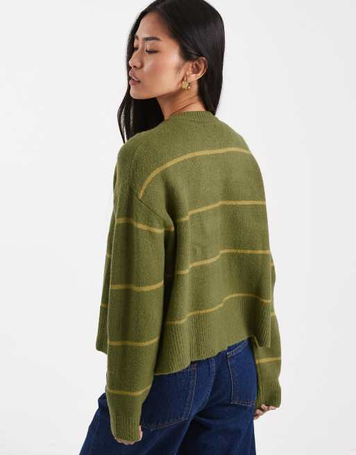 ASOS DESIGN – Oliwkowy kardigan w paski z okrągłym dekoltem, 4 z 4