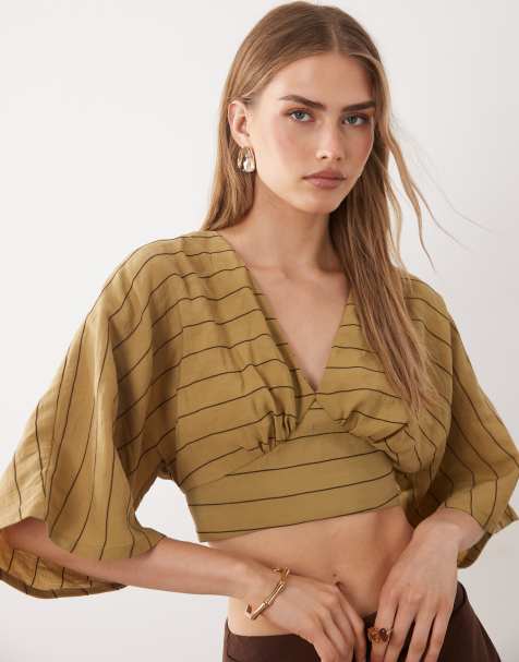 ASOS DESIGN – Oliwkowy kopertowy top w paski z rękawami typu nietoperz - view 1