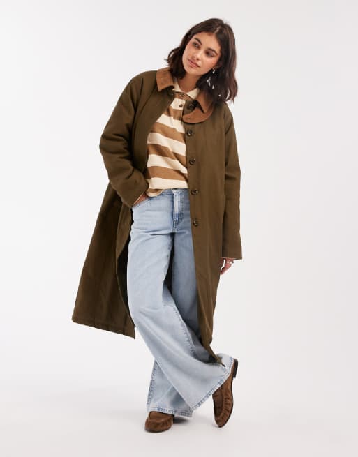 ASOS DESIGN – Oliwkowy ocieplany trencz o wydłużonym fasonie ze sztruksowym kołnierzykiem