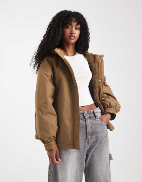 ASOS DESIGN oversized fleece lined rain coat in olive