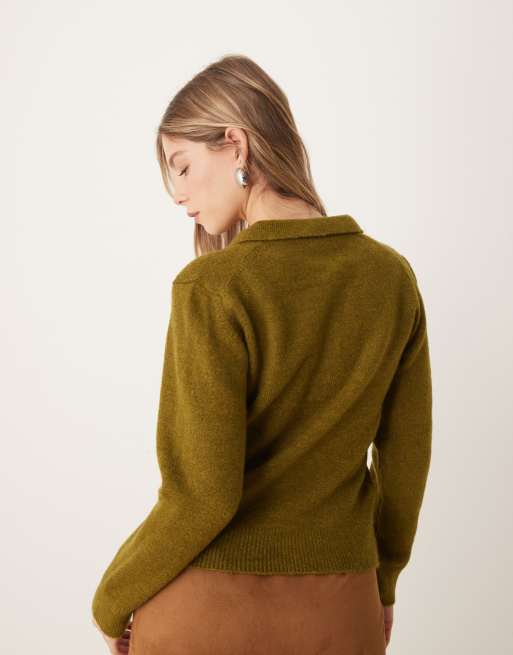 ASOS DESIGN – Oliwkowy sweter dzianinowy z kołnierzykiem, 4 z 4