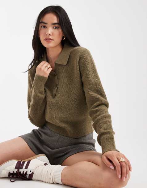 ASOS DESIGN knitted relaxed collar henley jumper in olive
