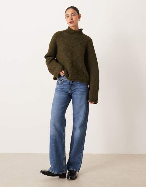 ASOS DESIGN – Oliwkowy sweter o pudełkowym kroju i warkoczowym splocie, 3 z 4
