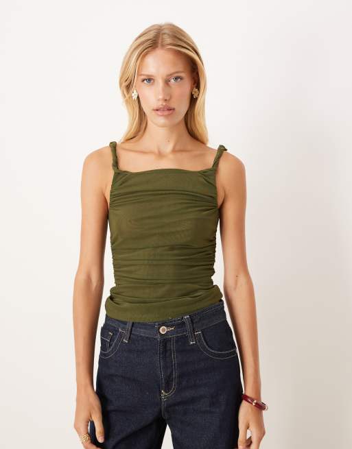 ASOS DESIGN – Oliwkowy top z prześwitującej siateczki z marszczeniem z boku i skręconymi ramiączkami