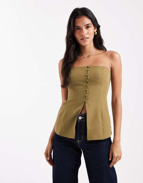 ASOS DESIGN – Oliwkowy top zapinany z przodu na guziki z dekoltem bandeau - view 1