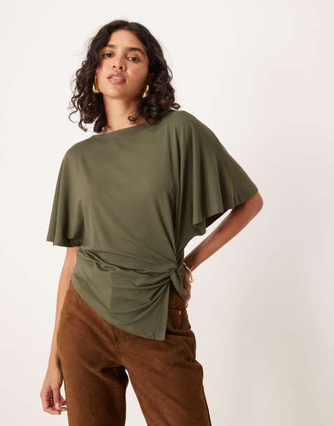 ASOS DESIGN twist side angel sleeve top in olive
