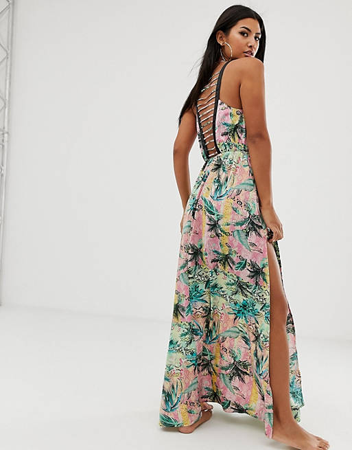 ASOS DESIGN ombre tropical print beach maxi dress with lattice back