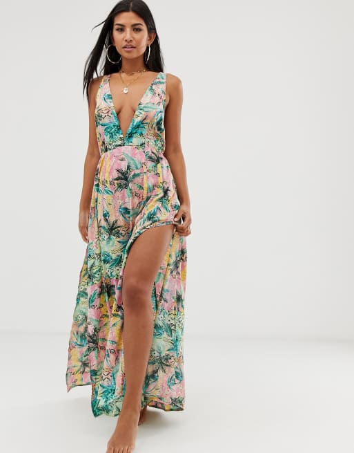 ASOS DESIGN ombre tropical print beach maxi dress with lattice back