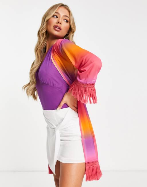 ASOS DESIGN – Ombréfärgad strandkimino i mesh med fransar