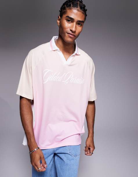 ASOS DESIGN – Ombrémönstrad pikétröja i oversize och sportmaterial med texttryck och sidopaneler - view 1