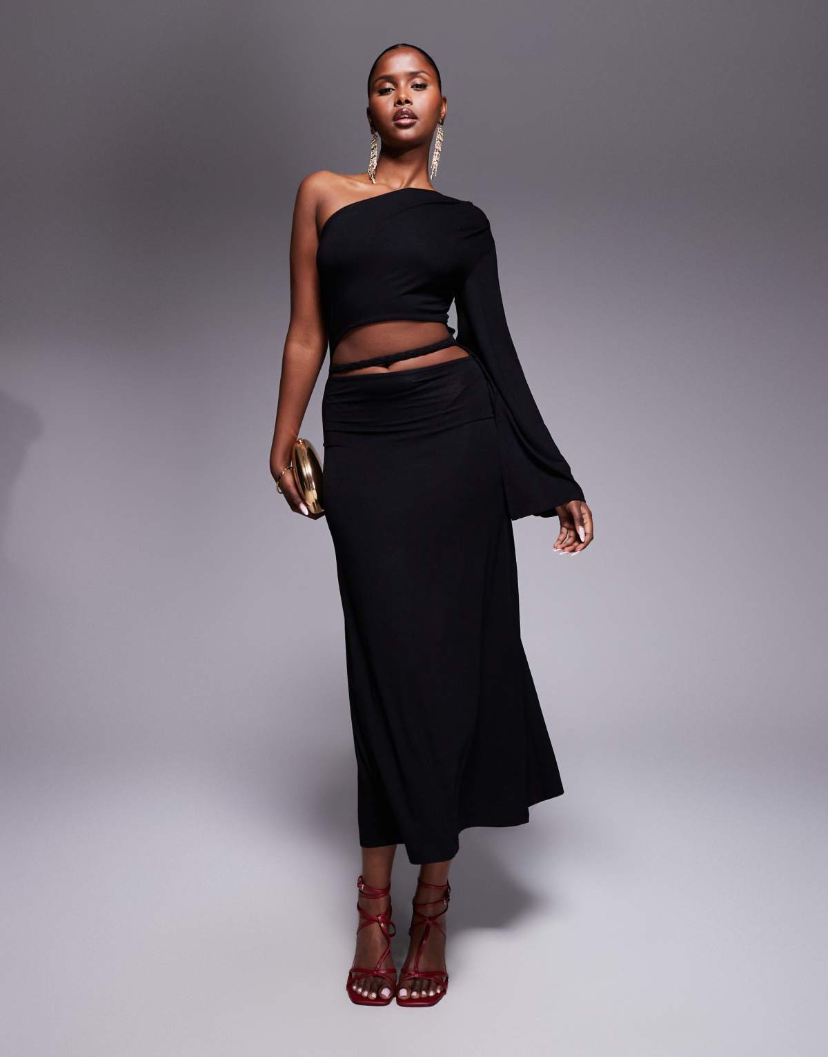 ASOS DESIGN on shoulder angel sleeve maxi dress with with cut out twist in black