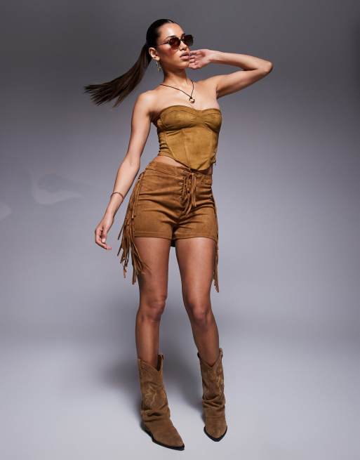 ASOS DESIGN - Onderbroek-short van imitatiesuède met franje in bruin , 3 van 5
