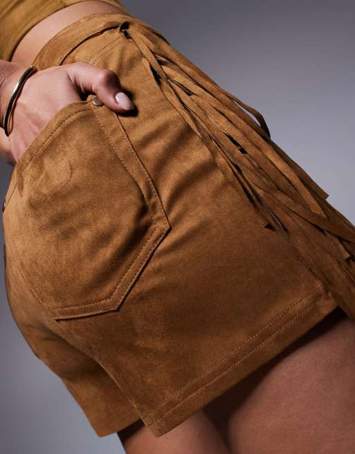 ASOS DESIGN - Onderbroek-short van imitatiesuède met franje in bruin , 4 van 5