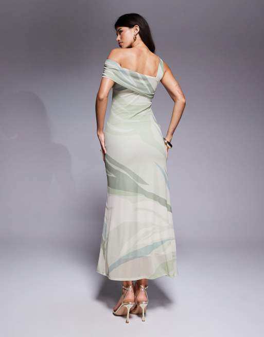 ASOS DESIGN one-cami-strap maxi dress with asymmetric bardot mesh in stripe print, 3 of 4