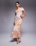 [ASOS DESIGN] ASOS DESIGN one cami strap with asymmetric bardot mesh maxi dress in floral print-Multi S Floral Print