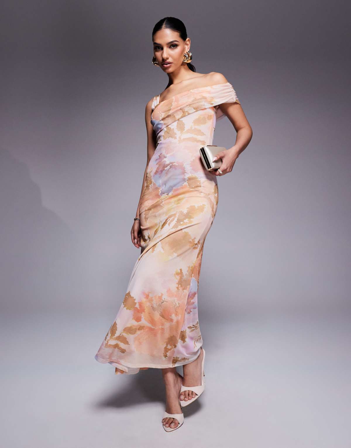 ASOS DESIGN one cami strap with asymmetric bardot mesh maxi dress in floral print