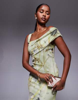 Asos Design One Cami Strap With Asymmetric Bardot Mesh Maxi Dress In Multi
