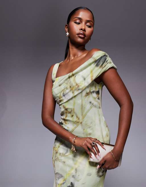 ASOS DESIGN one cami strap with asymmetric bardot mesh maxi dress in  green floral print, 2 of 4