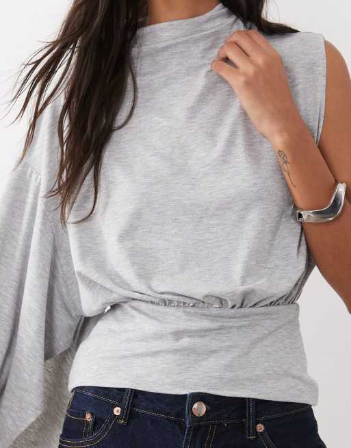 ASOS DESIGN one draped sleeve jersey top in grey, 3 of 4