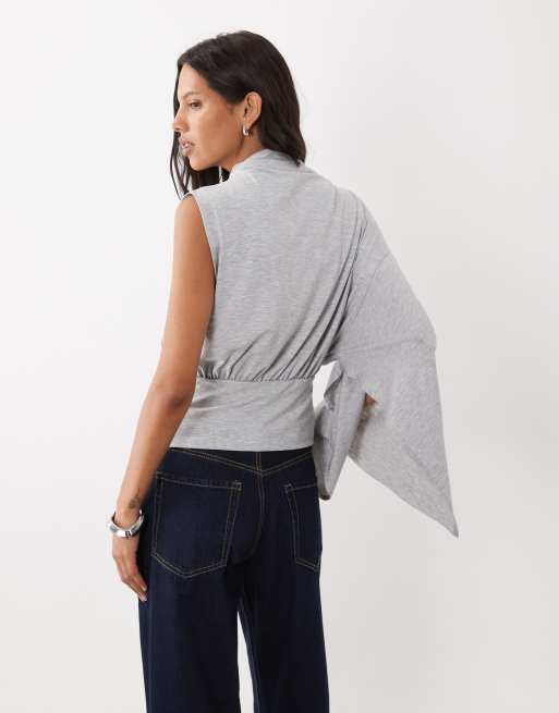 ASOS DESIGN one draped sleeve jersey top in grey, 4 of 4