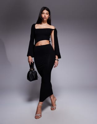 Asos Design One Long Angel Sleeve Midi Dress With Twisted Cut Out & Tied Shoulder In Black