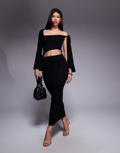 ASOS DESIGN one long angel sleeve midi dress with twisted cut out & tied shoulder in black - view 1