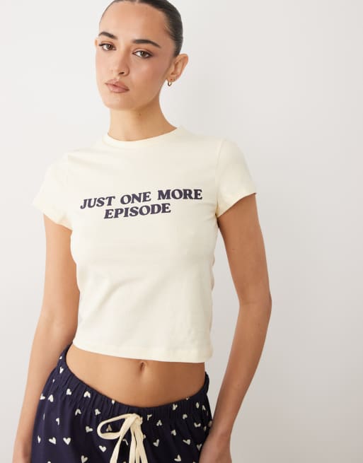 ASOS DESIGN one more episode slogan baby tee & short pyjama set in navy & buttermilk, 2 of 4