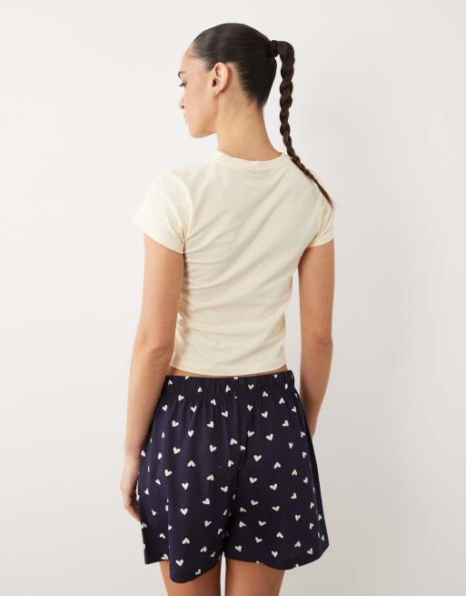 ASOS DESIGN one more episode slogan baby tee & short pyjama set in navy & buttermilk, 4 of 4