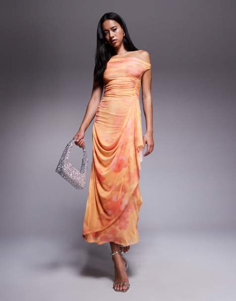 ASOS DESIGN one off shoulder cowl neck mesh midi dress with hitched wrap skirt in orange floral print - view 1