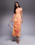[ASOS DESIGN] ASOS DESIGN one-off-shoulder cowl neck mesh midi dress with hitched wrap skirt in orange floral print-Multi 14 Orange floral print