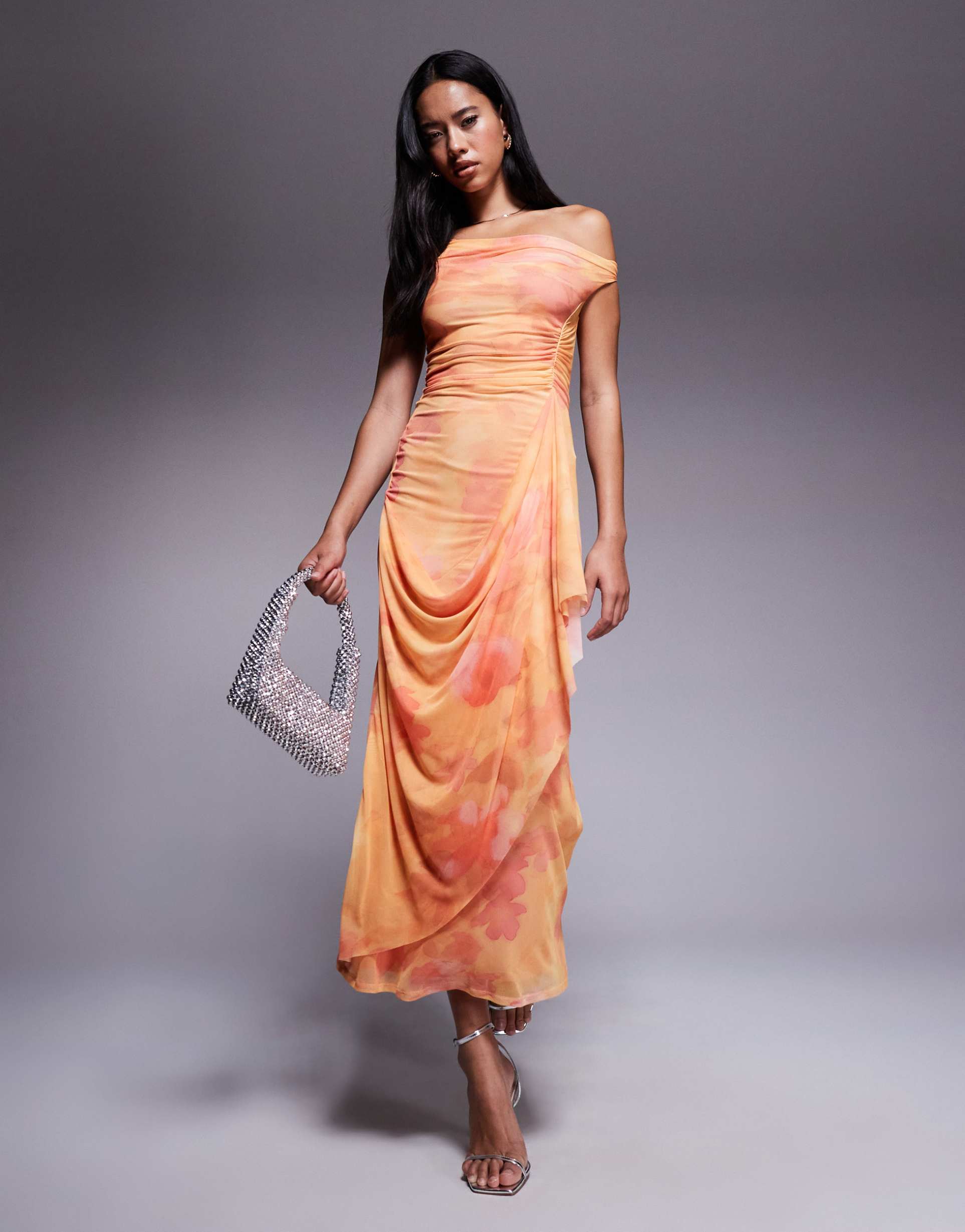 asos design one off shoulder cowl neck mesh midi dress with hitched wrap skirt in orange floral print