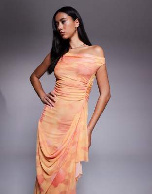 Asos Design One Off Shoulder Cowl Neck Mesh Midi Dress With Hitched Wrap Skirt In Orange