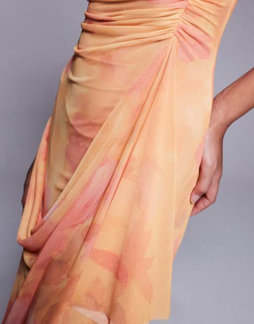 ASOS DESIGN - Robe asymétrique mi-longue à col bénitier en tulle imprimé fleuri avec jupe portefeuille froncée et épaule dénudée - Orange