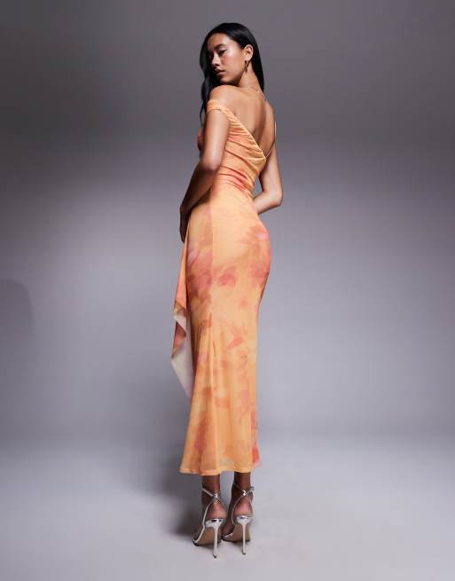 ASOS DESIGN - Robe asymétrique mi-longue à col bénitier en tulle imprimé fleuri avec jupe portefeuille froncée et épaule dénudée - Orange