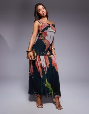 ASOS DESIGN one off shoulder mesh maxi dress in print - view 1