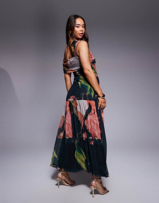ASOS DESIGN one off shoulder mesh maxi dress in print, 3 of 4