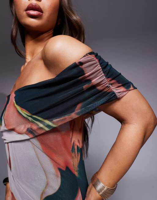 ASOS DESIGN one off shoulder mesh maxi dress in print